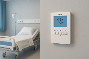 Umidostato digital Vector Controls instalado em parede de ambiente comercial com design elegante integrado à decoração