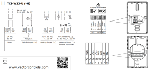 Diagrama técnico de conexões do controlador universal TCI-W23-U-H mostrando entradas NTC, UI e saídas analógicas para Fan Coil e UTA