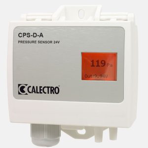 Sensor de pressão CPS-D-A com display LCD iluminado mostrando leituras de pressão diferencial e fluxo de ar em tempo real