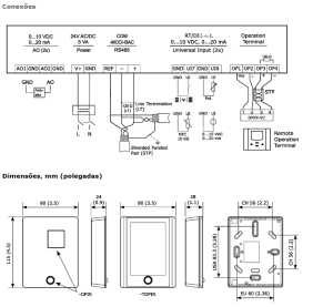 Diagrama técnico das entradas e saídas universais do sensor de ambiente universal para HVAC modelo SRD2 212
