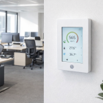 Instalação em parede do controlador de umidade e CO2 SRD2-212 em ambiente de escritório moderno